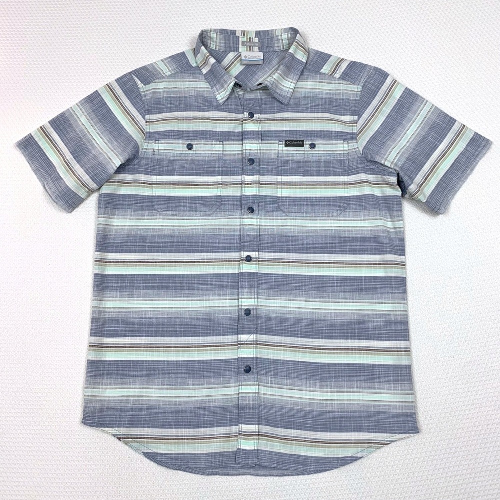 Columbia Mens M Blue Green Stripe Active Fit Short Sleeve Button Down Shirt PFG
